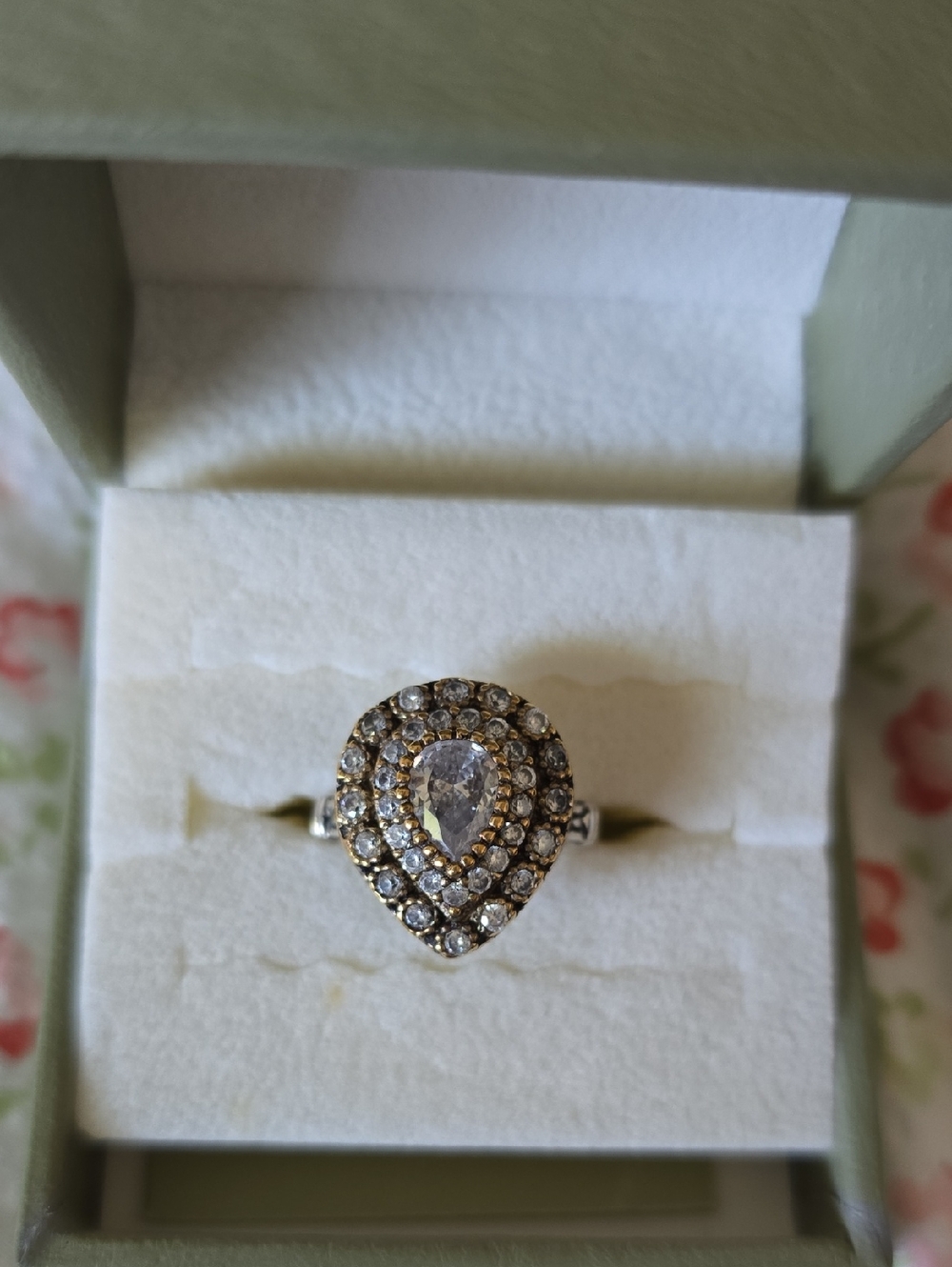 Pear-Shaped Pavé Halo Ring in Sterling Silver And Gold  with Clear Stones